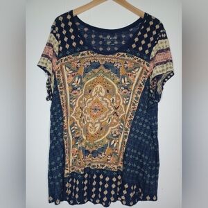 Lucky Brand Women's Navy and Orange Patterned Tee